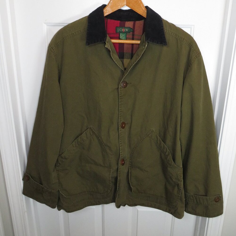Vintage J Crew Barn Coat Men Med. Green Plaid Lined Chore Field Jacket Corduroy
